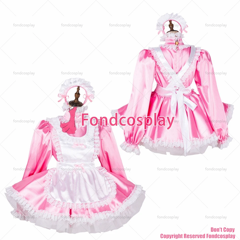 

Сексуальная одежда для взрослых с крестом fondcosplay, блестящее короткое розовое атласное платье с замком, Униформа, белый фартук, костюм для CD/TV...