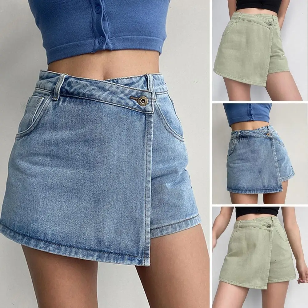 

Mini Denim Skirt Shorts Women A-line Fake Two-piece High Waist Tummy Control Slim Vintage Summer Asymmetrical Streetwear Student