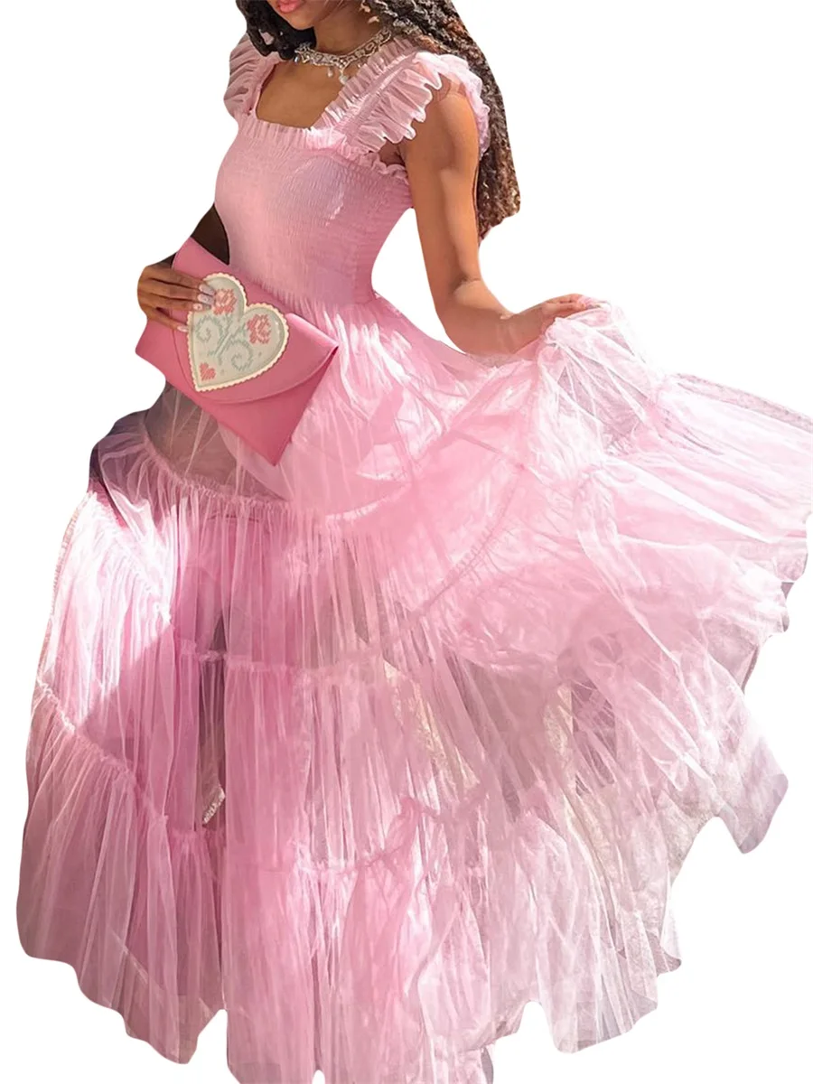 

Women Casual Ruffled Spaghetti Strap Sundress Cocktail Wedding Party Long Maxi Tulle Dress (Pink M)