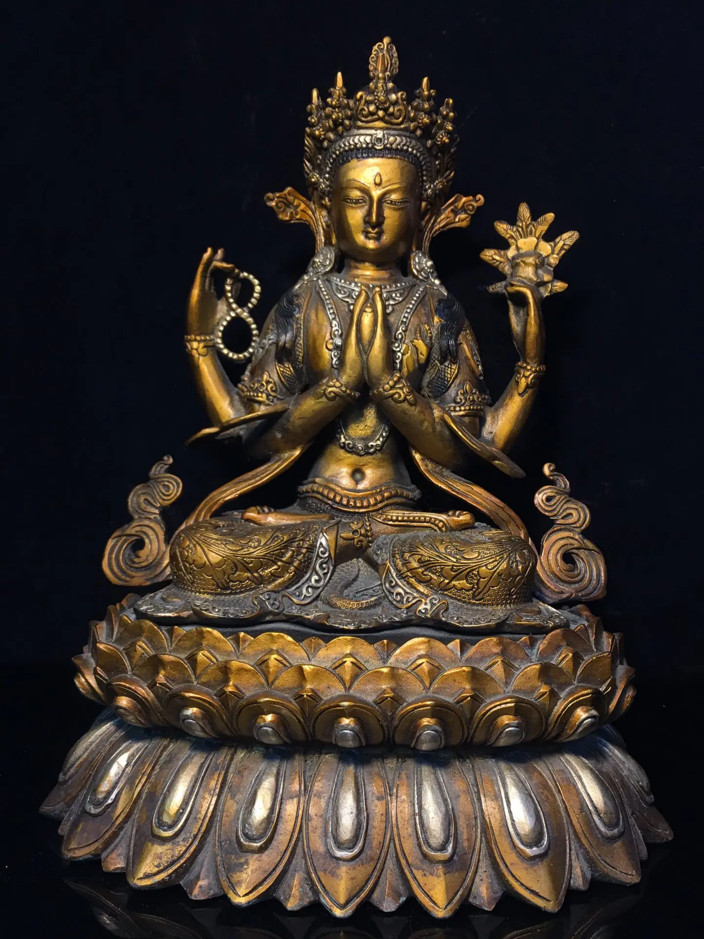 

13" Tibetan Temple Collection Old Bronze Painted Four-armed Guanyin lotus platform worship buddha Town house Exorcism