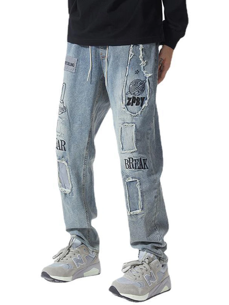 European and American Men Fashion Trend Washed Embroidered Jeans Men American High Street Retro Loose Straight Hole Pants Denim