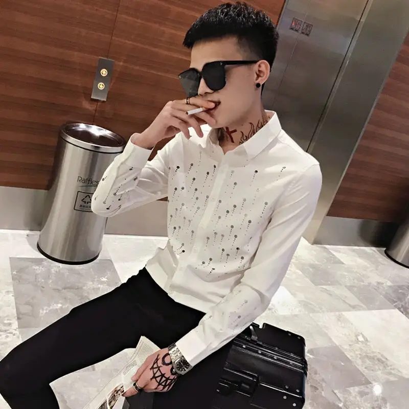 Men's shirt spring and autumn long sleeve slim print shirt trend personality nightclub stylist fashion clothing