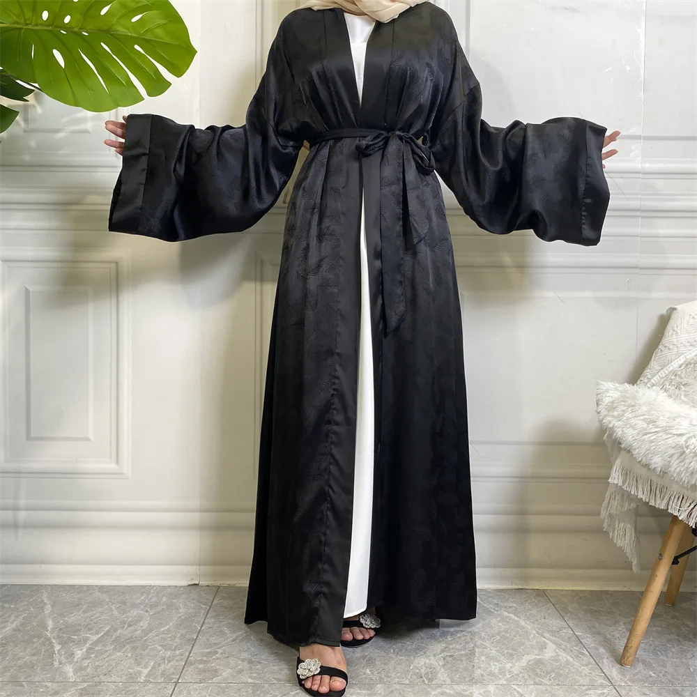 Middle East Fashion Printed Satin Cardigan Robe Loose Sleeve Muslim Dress Open Abaya Women Islamic Clothing Turkish Tunic Kimono