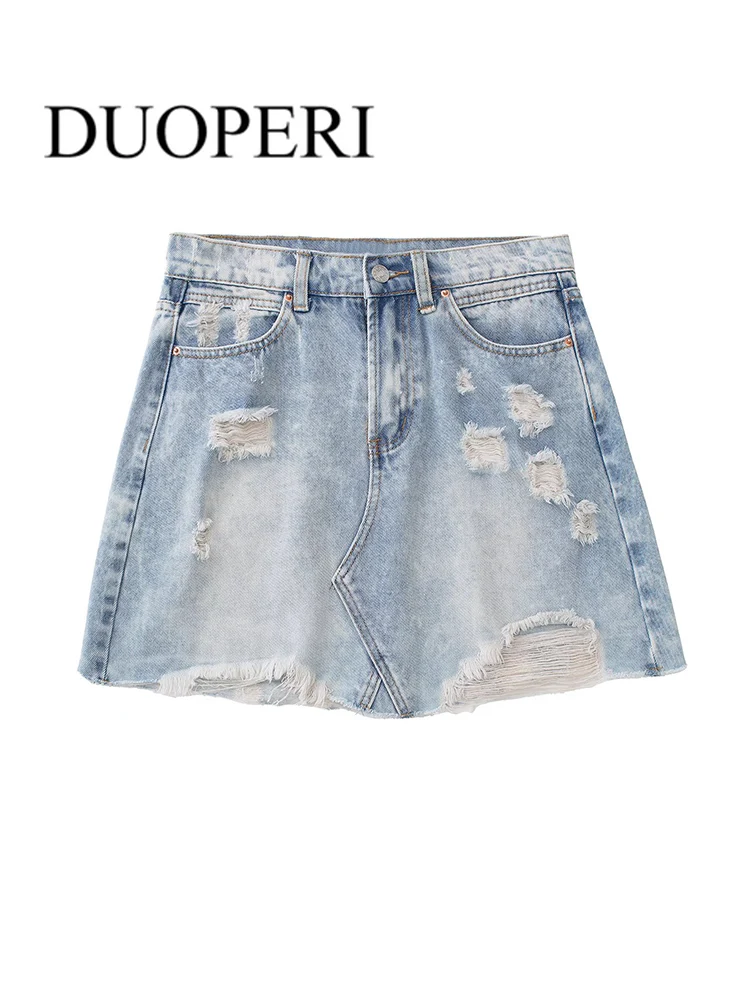 

DUOPERI Women Fashion Frayed Denim Mini Skirts With Pockets Vintage High Waist Zipper Fly Female Skirts Mujer