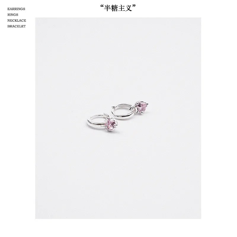 

2pcs pink zircon love heart S925 sterling silver ear buckle female sweet sexy original design party dating wedding holiday gift