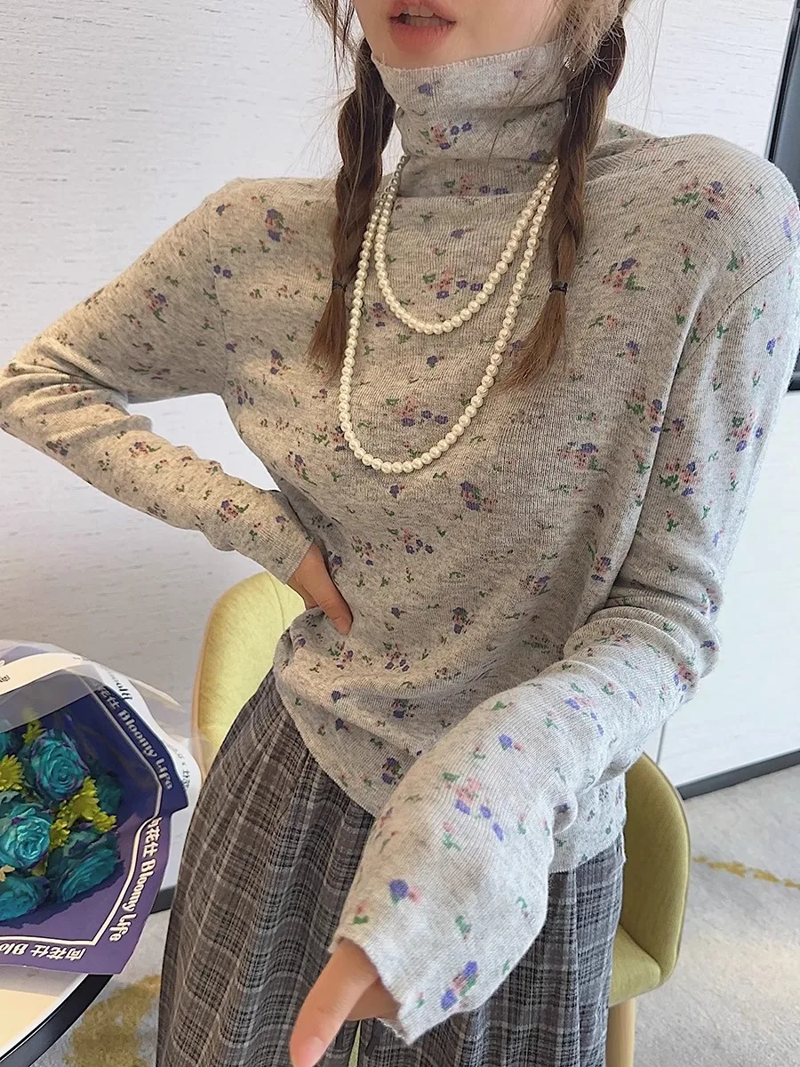 Корейский вязаный свитер с высоким воротом Женский облегающий разноцветный