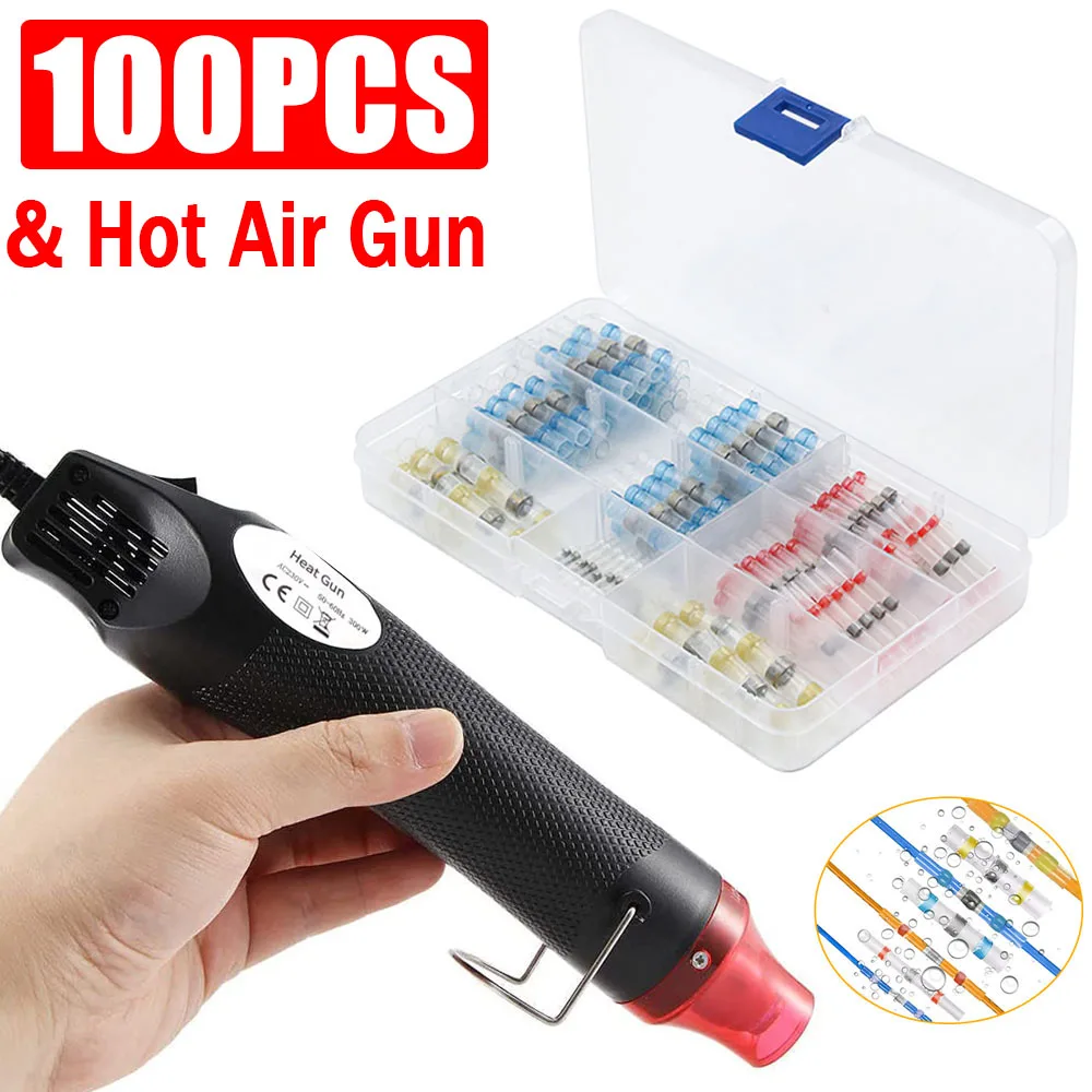 

100PCS Electrical Wire Cable Connectors Heat Shrink Butt Crimp Terminals Solder Seal Waterproof Splice Kit with 300W Hot Air Gun