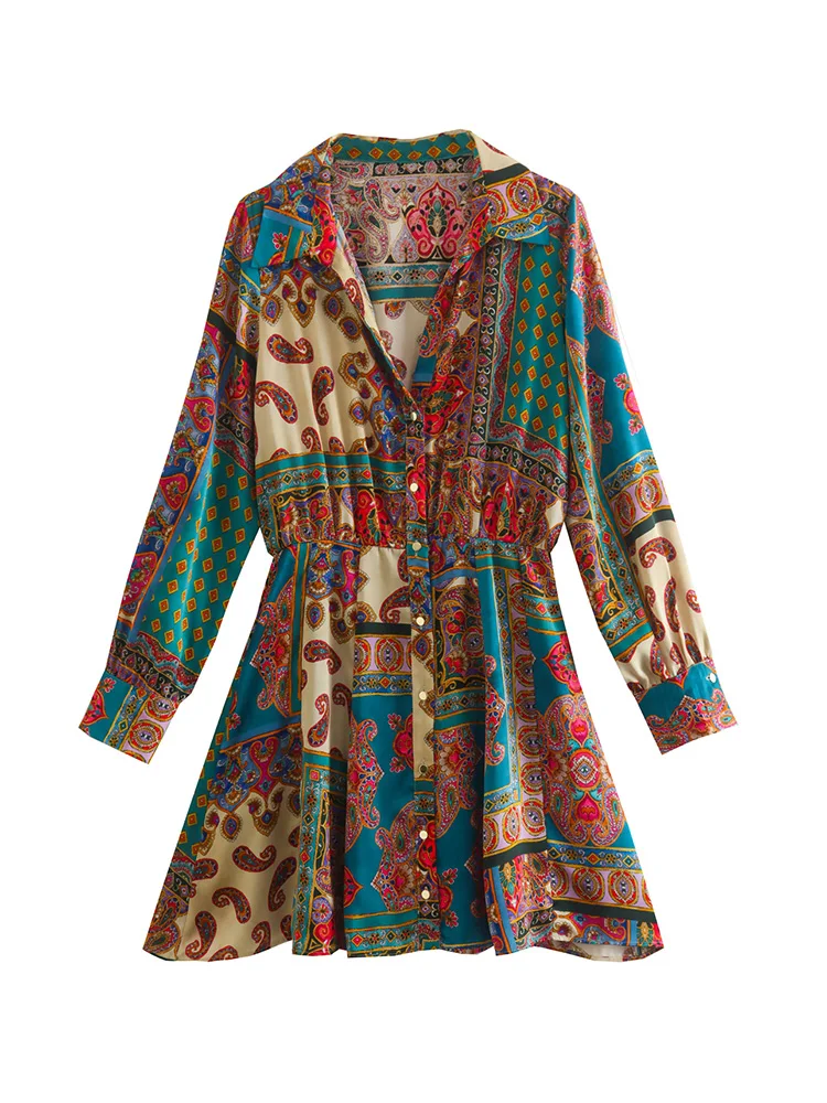 

Женские платья 2022 богемное винтажное лоскутное платье в стиле бохо с v-образным вырезом и воротником спереди на пуговицах с длинным рукавом ...