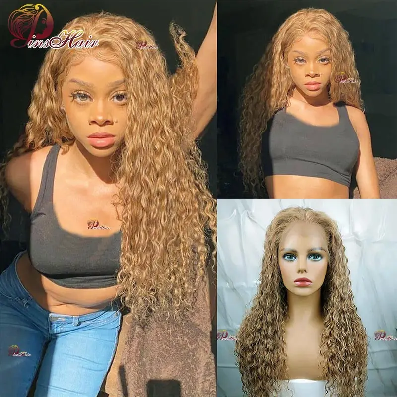 #27 Colored Honey Blonde Lace Front Wigs Human Hair Pre Plucked Deep Wave Lace Front Wigs Kinky Curly Brown Remy Hiar For Women