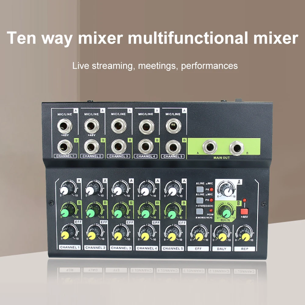 10 Channel Digital Mixing Console Stereo Mic/Line Audio Sound Mixer Low Noise Built-in 48V Power for Recording DJ Live Broadcast