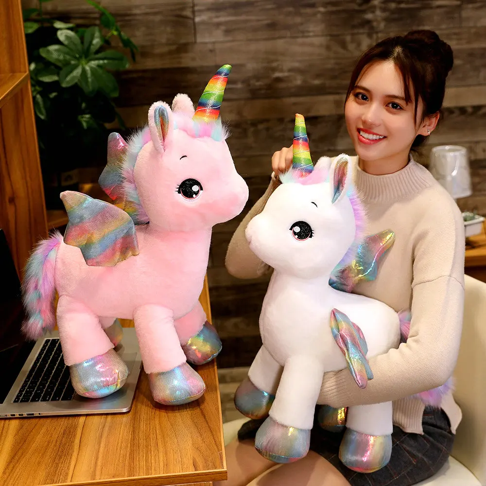 

2022 new Great Unicorn Plush Toy Fantastic Rainbow Glowing Wings Stuffed Unicornio Doll for Girl Unique Horn birthday gifts