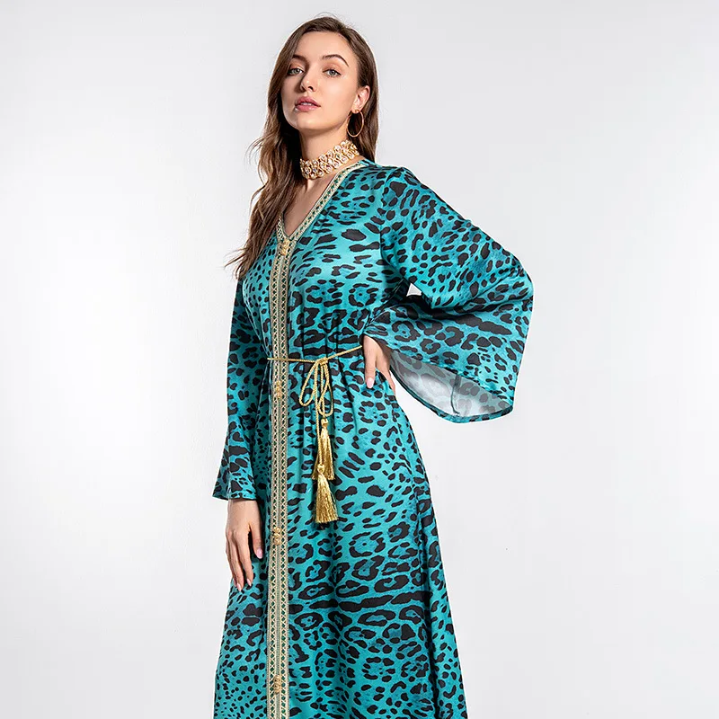 Мусульманский модный хиджаб платье Дубай абайя Турция Леопардовый принт африканские платья для женщин Арабский Кафтан Abayas ислам Djellaba Femme
