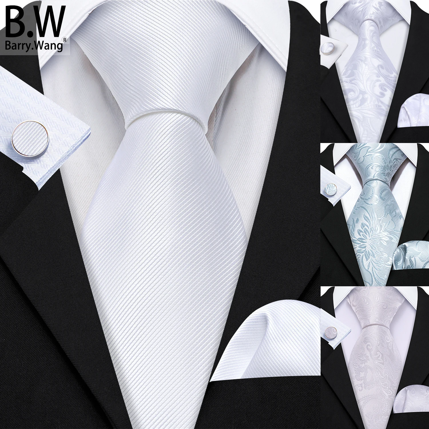 Серебристо-белый Шелковый Мужской Комплект Галстука-бабочка С Запонками