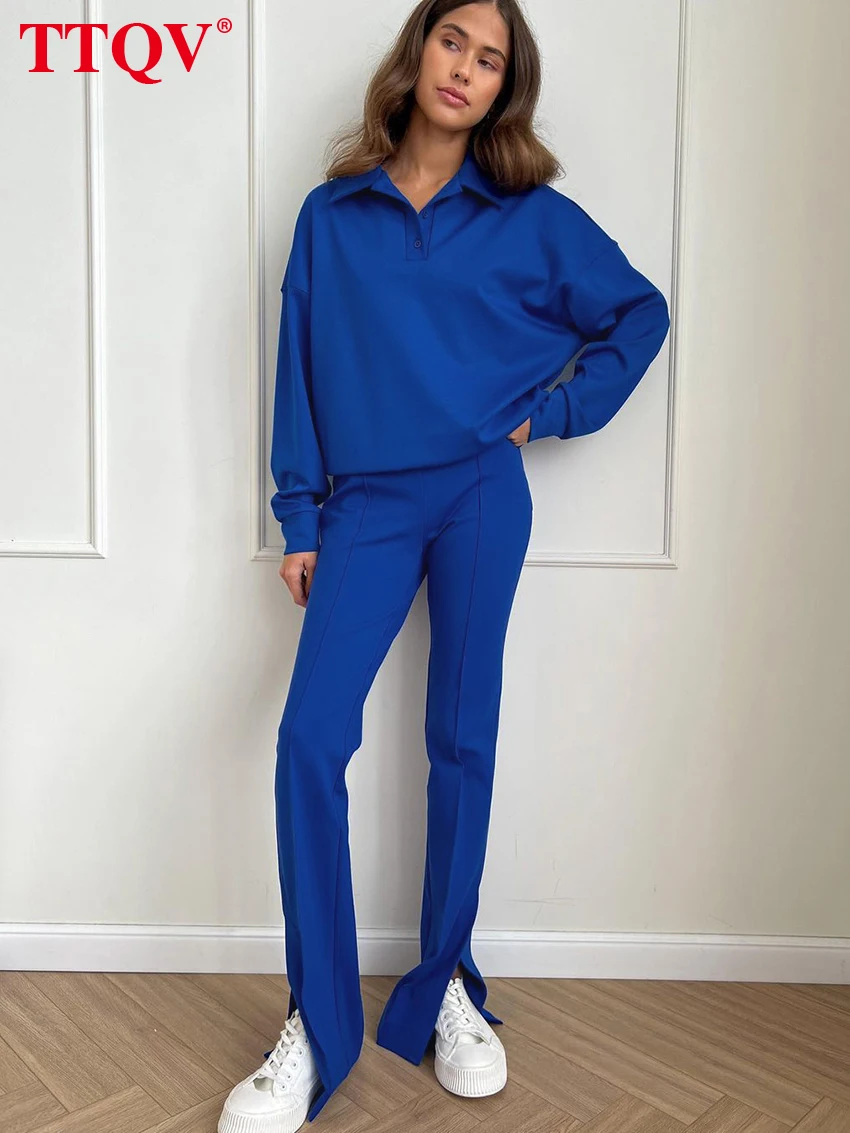 

TTQV Casual Blue Set Woman 2 Pieces 2023 Elegant Lapel Long Sleeve Shirts And High Waist Slim Slit Full Length Pants Female Sets