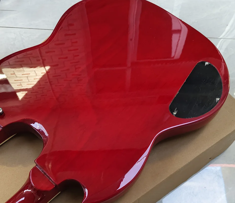 Красная двуглавая электрогитара корпус из цельного красного дерева гриф