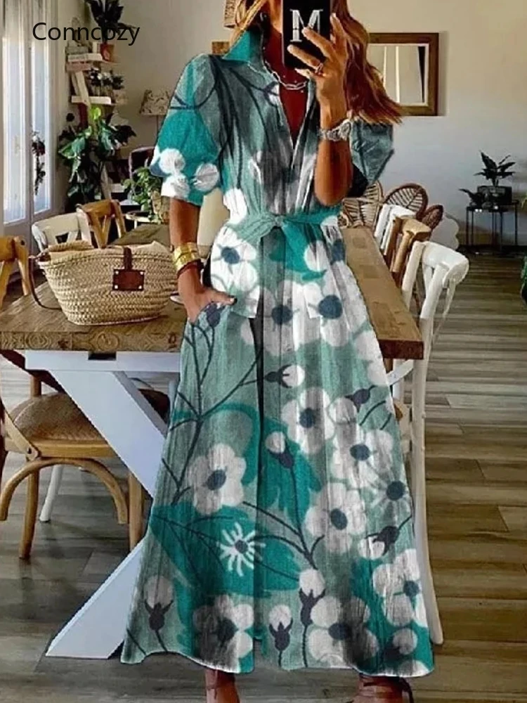 

Elegant Dresses Women Turn-down Collar Long Dress Summer Half Sleeve Casual Shirt Dress Vestidos Office Lady Dress Female 2022
