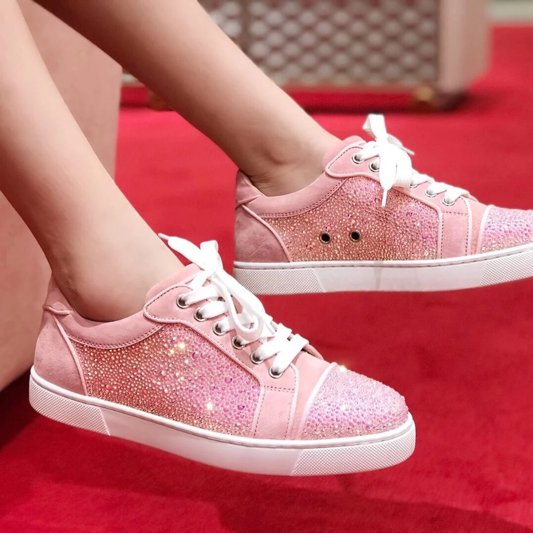 

New women's shoes pink full diamond low-top leather casual shoes