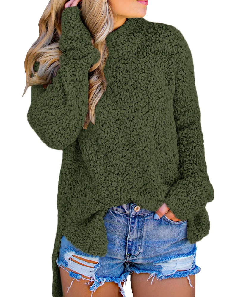 

NEW Womens Fuzzy Knitted Sweater Sherpa Fleece Side Slit Full Sleeve Jumper Outwears