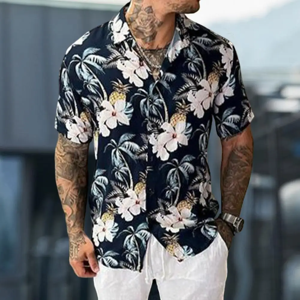

Beach Shirt Contrast Color Summer Shirt Floral Print Colorfast Men Tops
