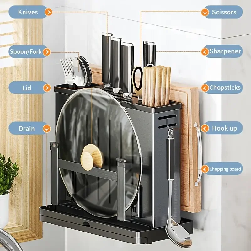 

HMTX 1pc Knife Rack Wall Mounted, Kitchen Storage Rack With Drip Tray, Multifunctional Cutting Board Holder, Stainless Steel Cou