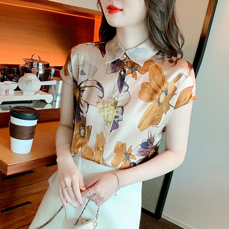 

Блузка женская с цветочным принтом, шелковая Свободная Повседневная рубашка, элегантный топ с коротким рукавом, модная одежда, большие разм...