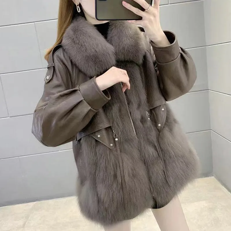 Autumn Winter Warm Women's Faux Fur Lady Moto Biker PU Leather Fur Collar Patchwork Jacket 2022 New Black Outerwear Female