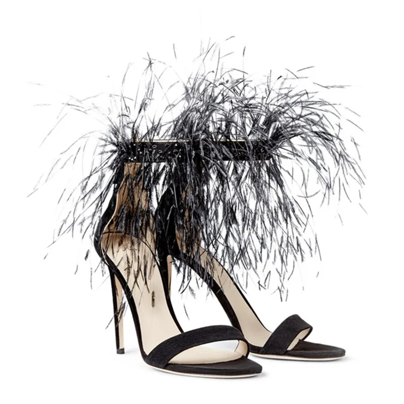 

2022 Women Sandals Stilettos Feather Tassels Ladies High Heels Fashion Back Cover Zipper Female Shoes Summer Sexy Pumps Size 42