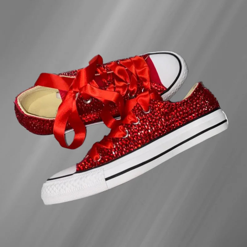 Red low-top rhinestone ribbon accessories custom canvas shoes integrated athleisure shoes women's shoes 35-40