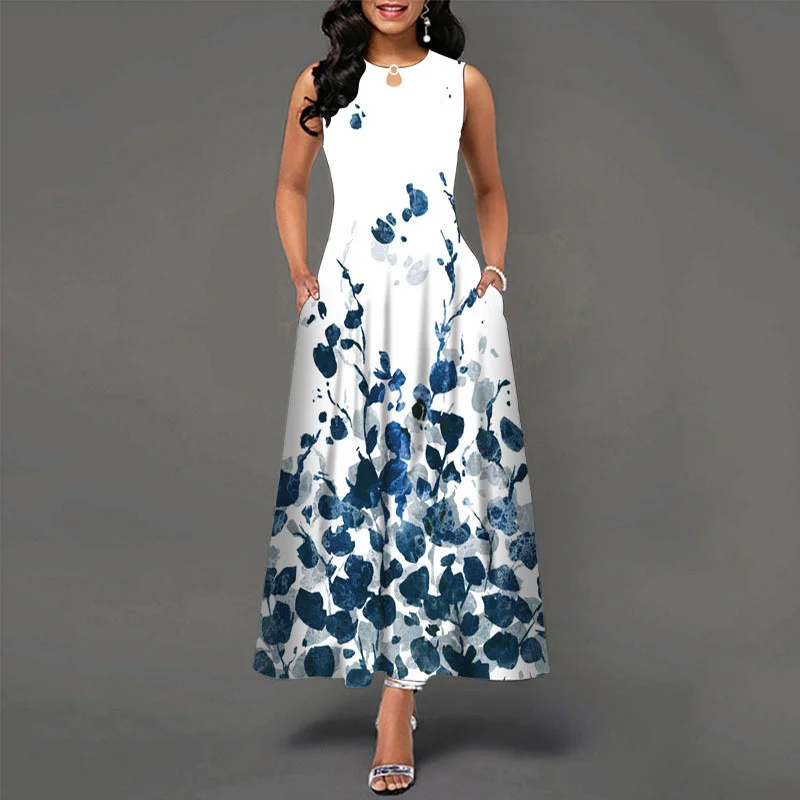 

2023 Women Eelgant Bohemia Long Dress Vintage Big Hem Sleeveless Blue Flowers Printed Slim Dresses Party Maxi Sundress Vestidos