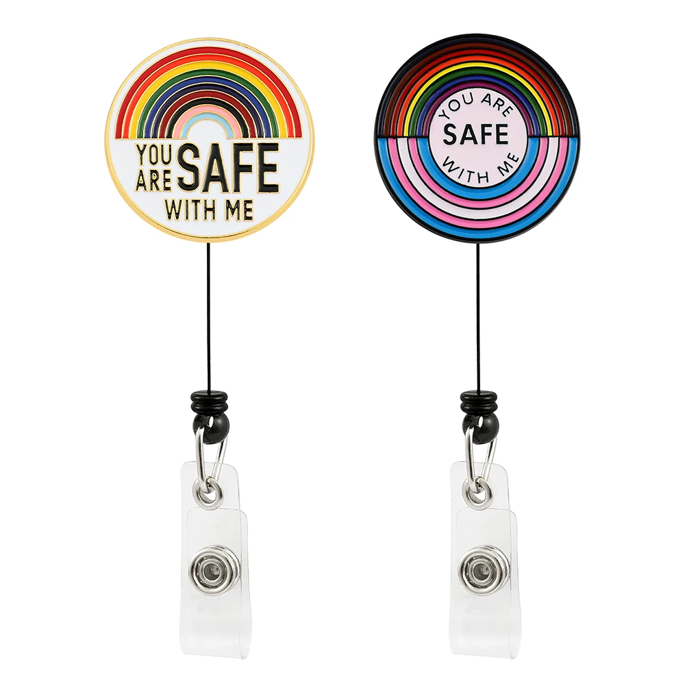 

You Are Safe With Me Rainbow Flag Pride LGBT Lovers Enamel Brooch Retractable Badge Reel Nurse Exhibition Student Name Card