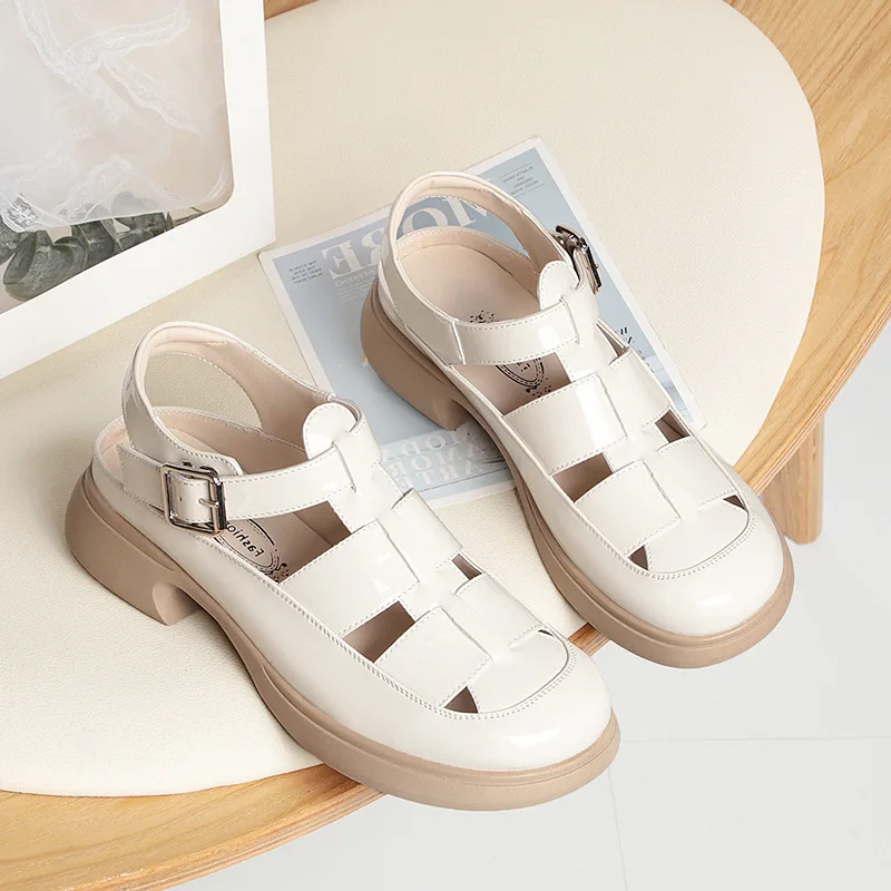 CICIYANG Baotou Roman Sandals for Women 2023 New Summer Woven Openwork One-line Buckle Ladies Shoe Low Heel Black Beige Handmade