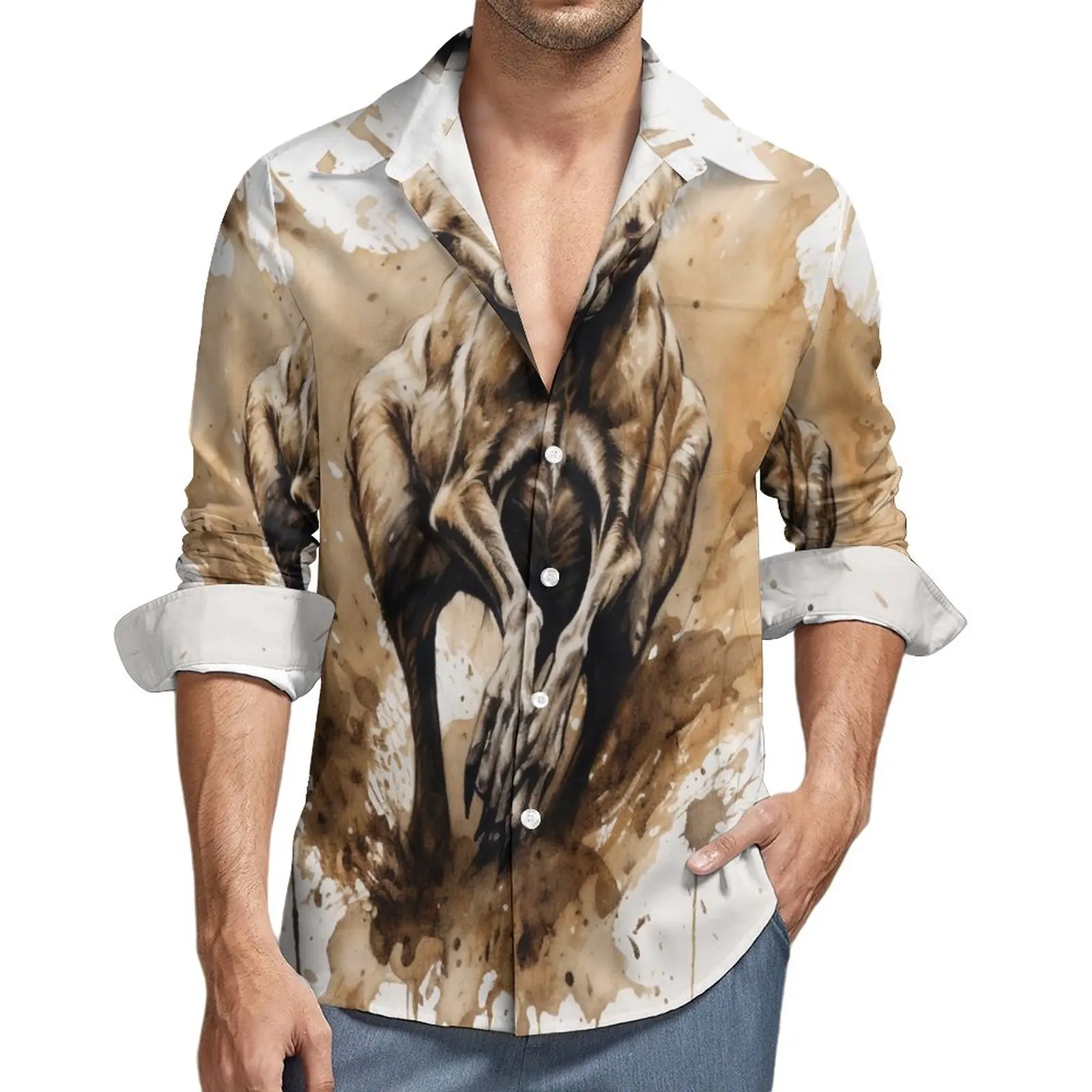 

Kangaroo Shirt Spring Ink Drawing Casual Shirts Men Trending Blouses Long Sleeve Graphic Street Clothing Big Size
