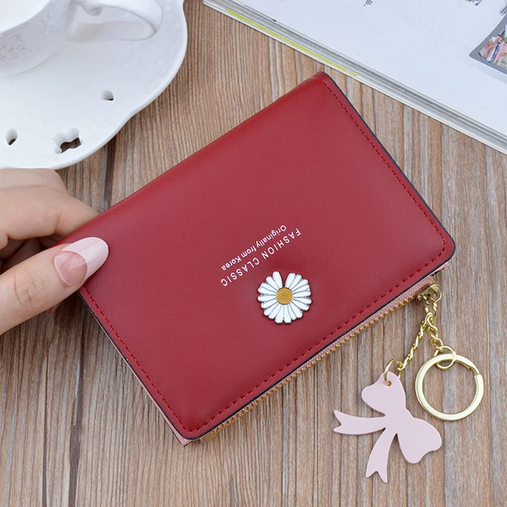 

New Fashion Small Daisy Short Wallet Card Holder Zipper Pouch Women Coin Purse Change Two Fold Simple Money Bag Wallets