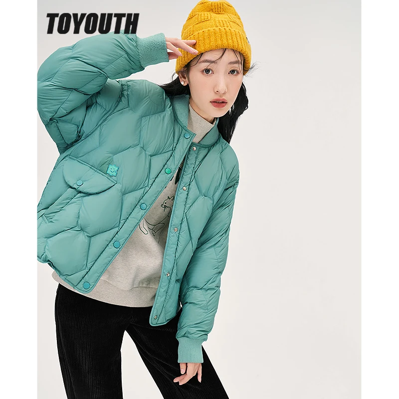Toyouth Women Thick Down Jacket 2022 Winter Baseball Collar Duck Down Warm Windproof Coat with Pocket Black Green Outwear