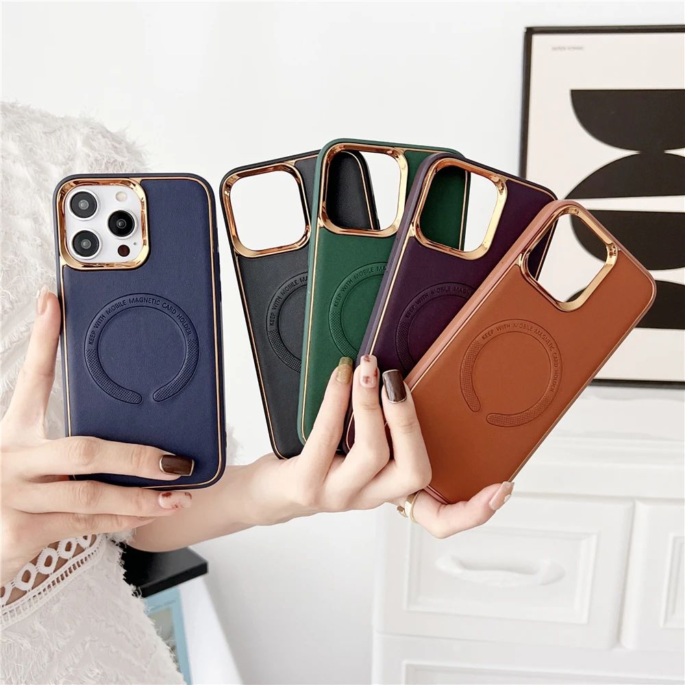 

Luxury Lambskin Pattern Leather Case for iPhone 14 15 Plus iPhone 11 12 13 Pro Max Shockproof Magnetic Wireless Charging Cover