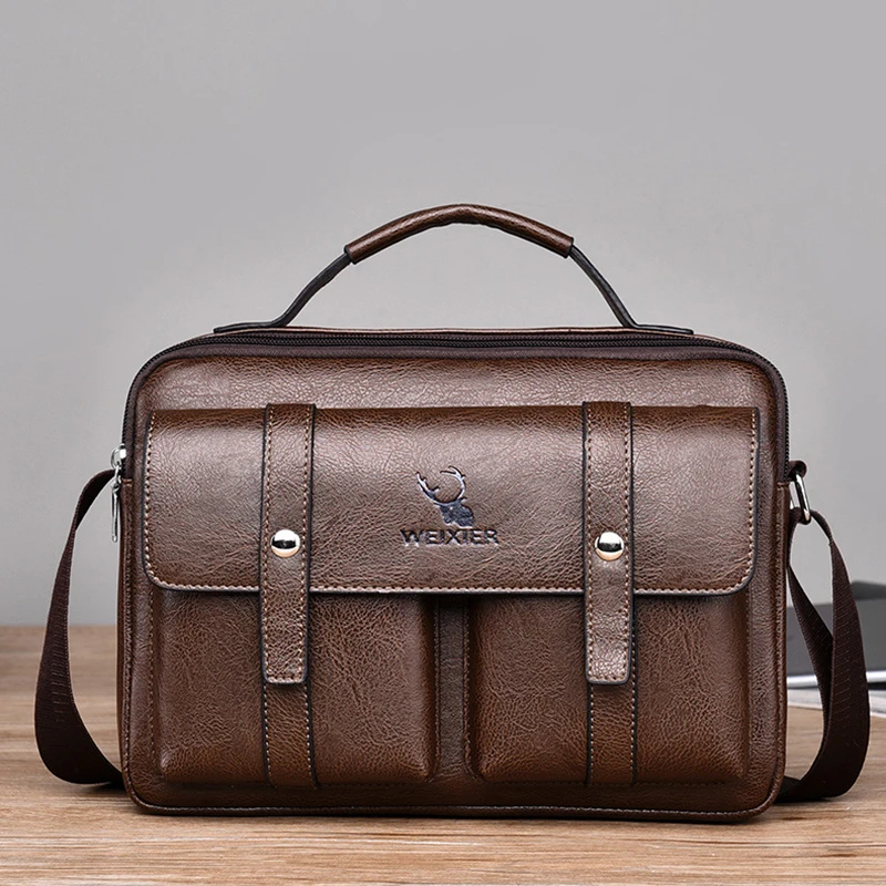 Vintage Small Men'S Briefcase Business Tote Bag PU Leather Wallet Handbags Shoulder Ipad Macbook Square Side Crossbody Bag Male