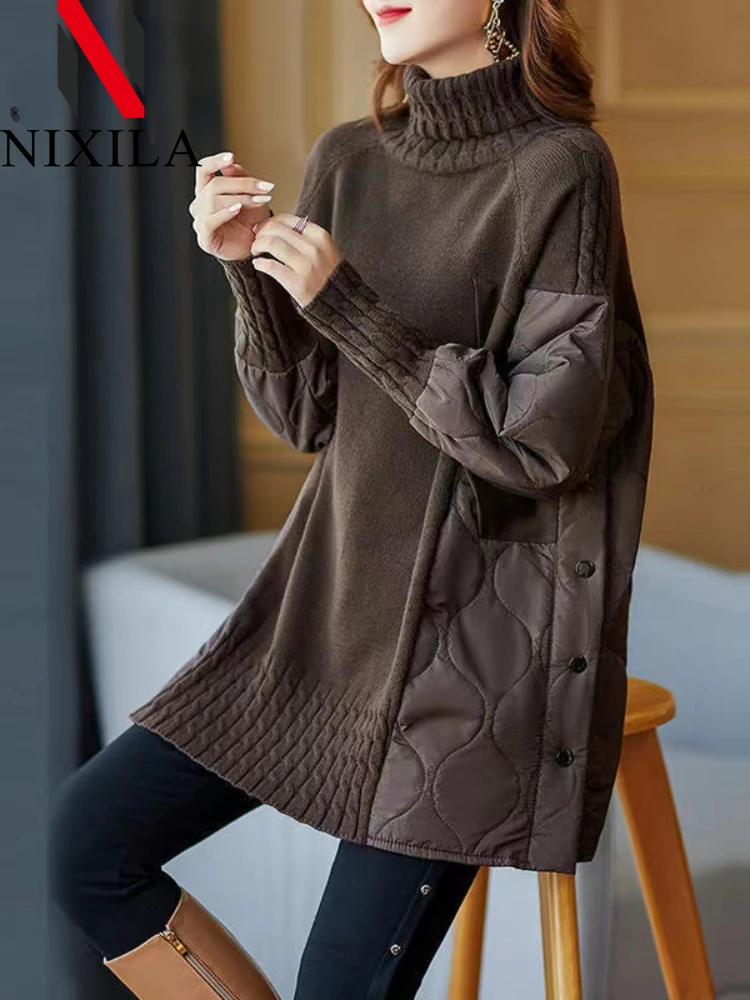 

New Autumn Winter Knitted Women's Sweater Female Button Korean Turtleneck Sweaters Long Sleeve Tops Casual Oversized Pullovers