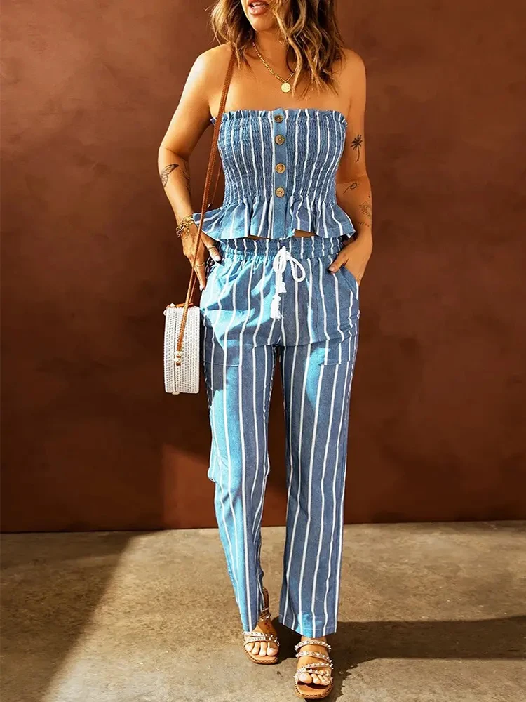 

Shein Romwe 2022 Summer Bandeau Striped Print Frill Hem Top & Pants Set OTTD Of Two Fashion Casual Pieces For Women FreeShipping