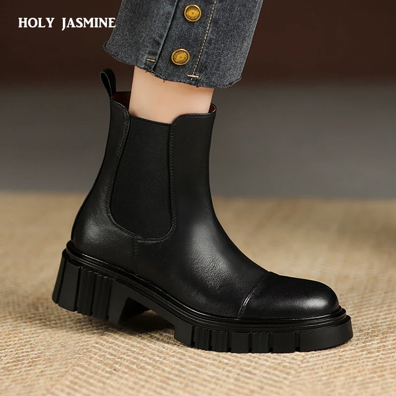 

Ankle Boots Women Platform Cow Leather Round Toe Elastic Band Autumn Winter 2023 New Retro Shoes Thick Sole Handmade Women Boots