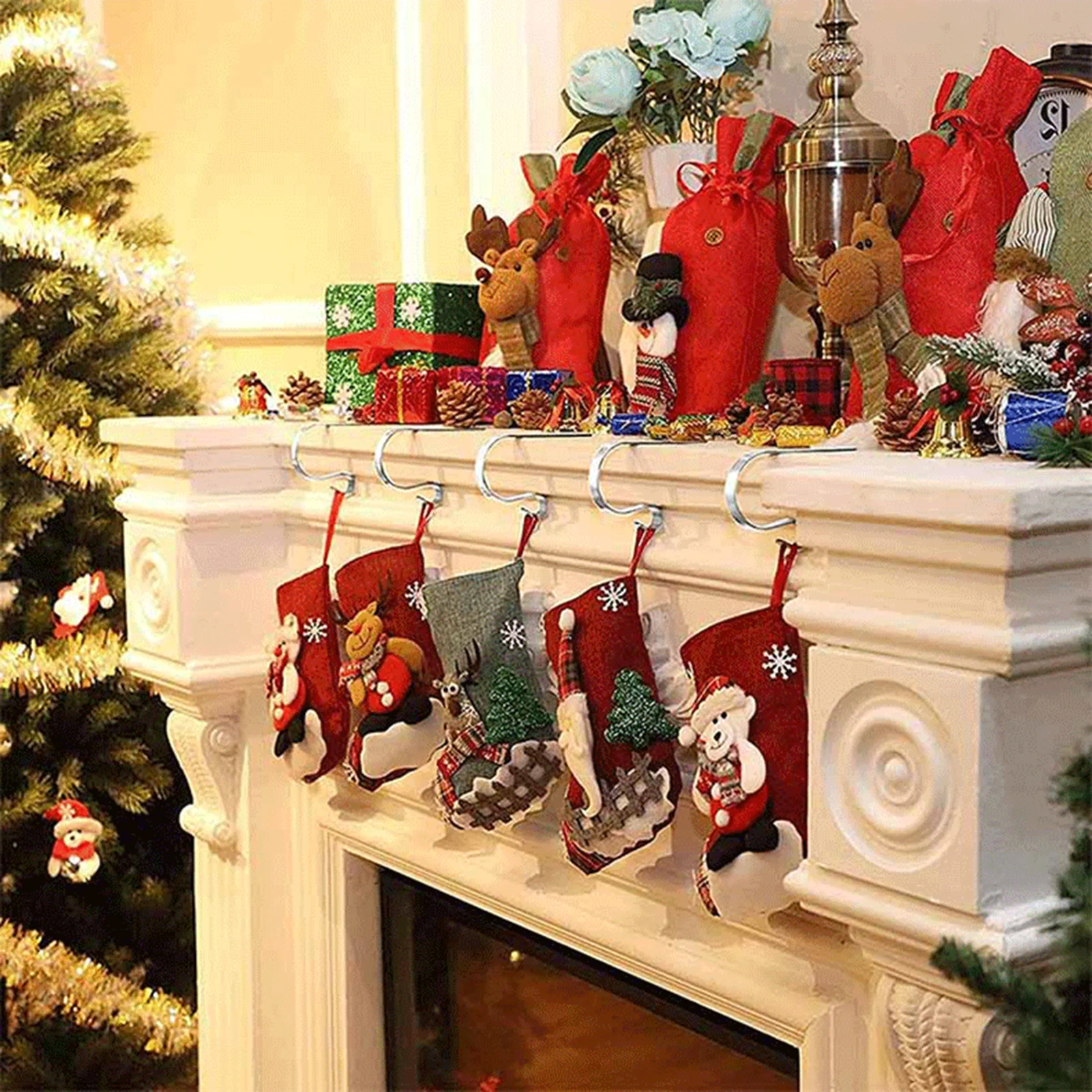 

6PCS Christmas Stocking Holder Hook Mantel Fireplace Hanger Multi-purpose Hanger Decoration Christmas Party Tree Hanging Hook VC