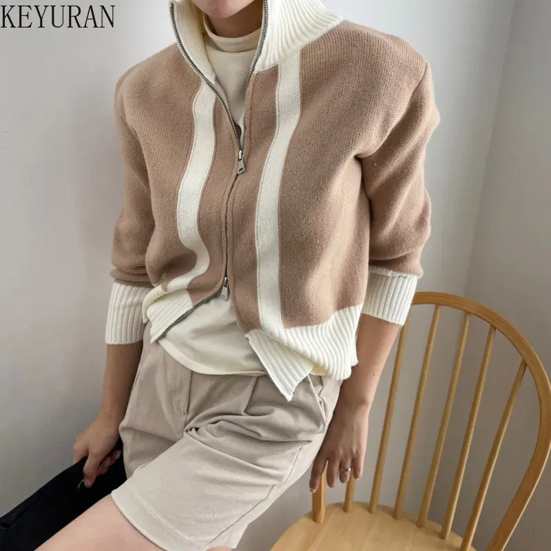 

Женский кардиган на молнии, свитер контрастной расцветки с высоким воротником и длинным рукавом, корейский стиль, одежда y2k на осень и зиму