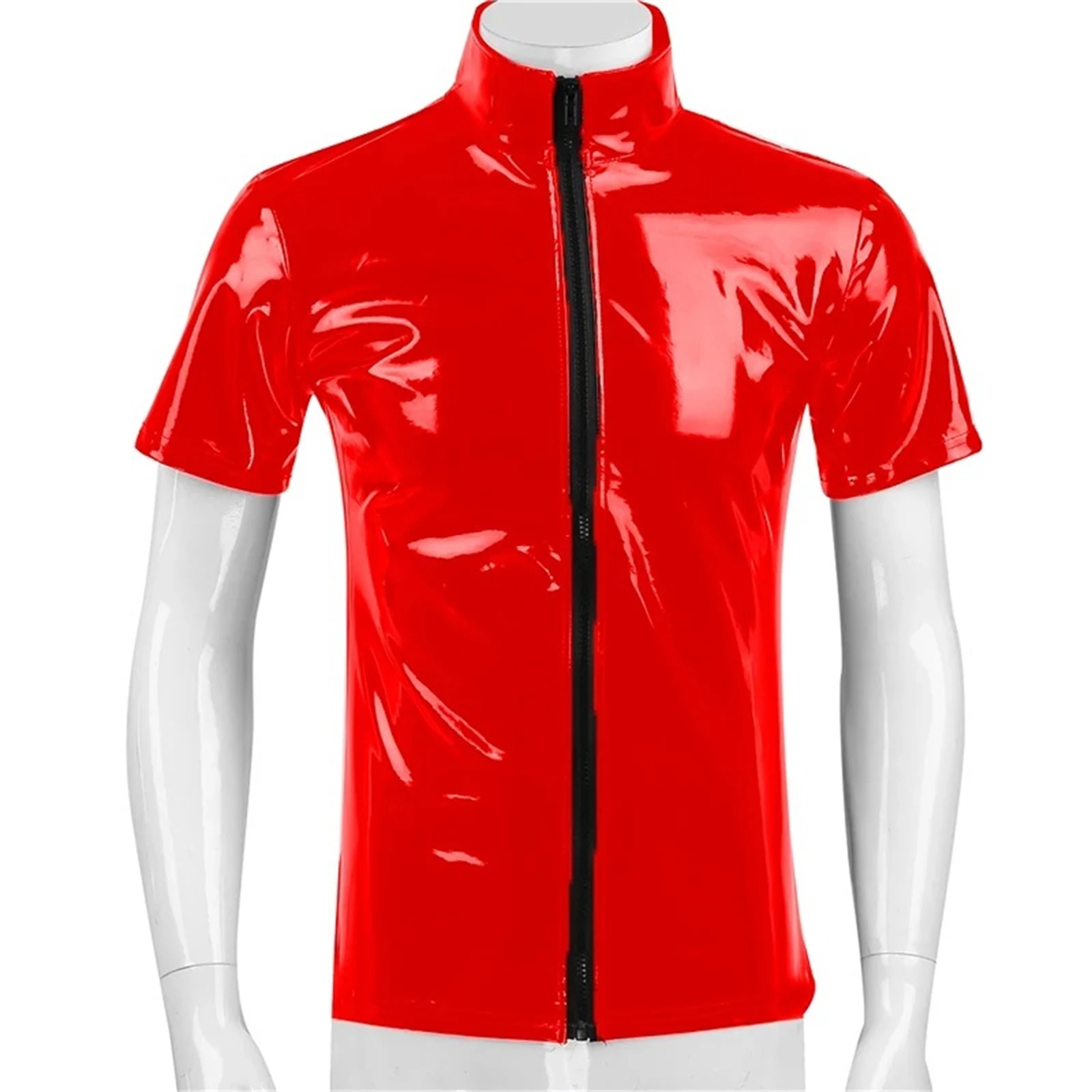 

Men's Sexy Latex Tops Zipper Open Front Tops Short Sleeves Faux Leather Shirts Faux PVC Leather Shiny Metallic Top Pornos Suit