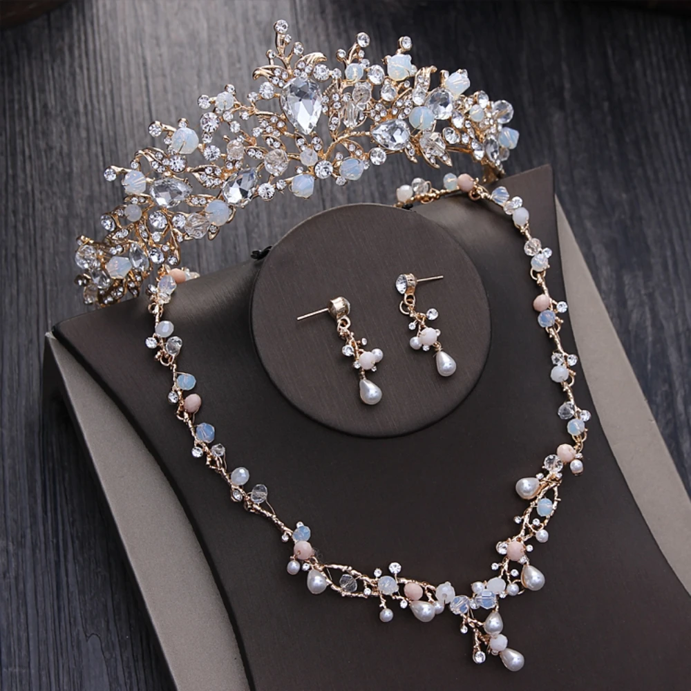 

Noble Crystal Beads Pearl Bridal Jewelry Sets Rhinestone Pageant Diadem Tiaras Necklace Earrings Crown Wedding Dubai Jewelry Set