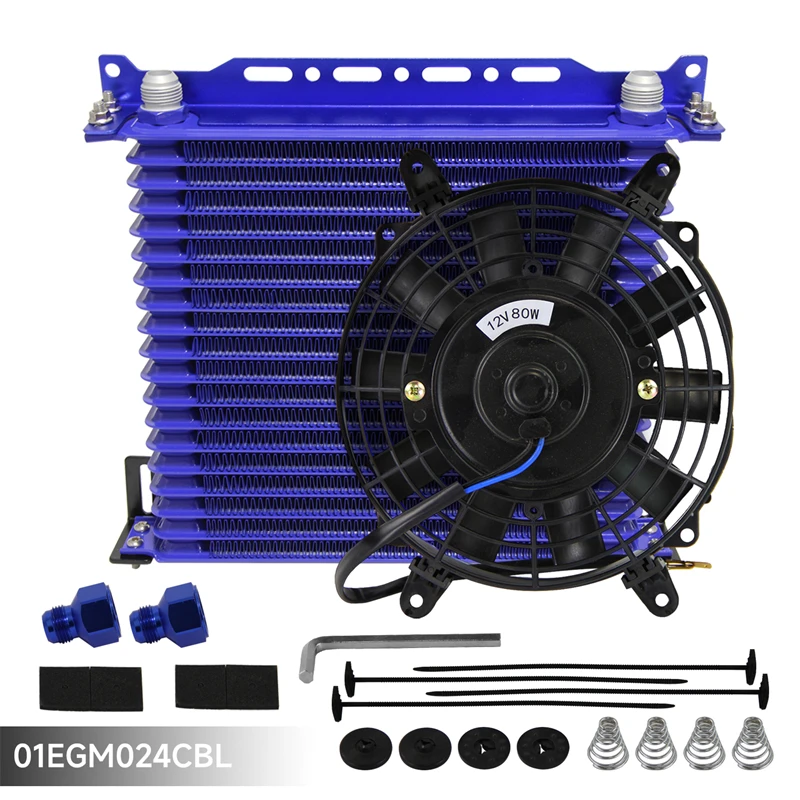 

19 Row AN10 Universal Engine Oil Cooler w/ 2PCS AN10 To AN8 Fittings Mounting Bracket + 7" Electric Fan Black/Blue