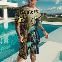summer mens tshirt suit beach pants 2 piece set us route 66 mother road 3d creative printing oversized o neck casual suit