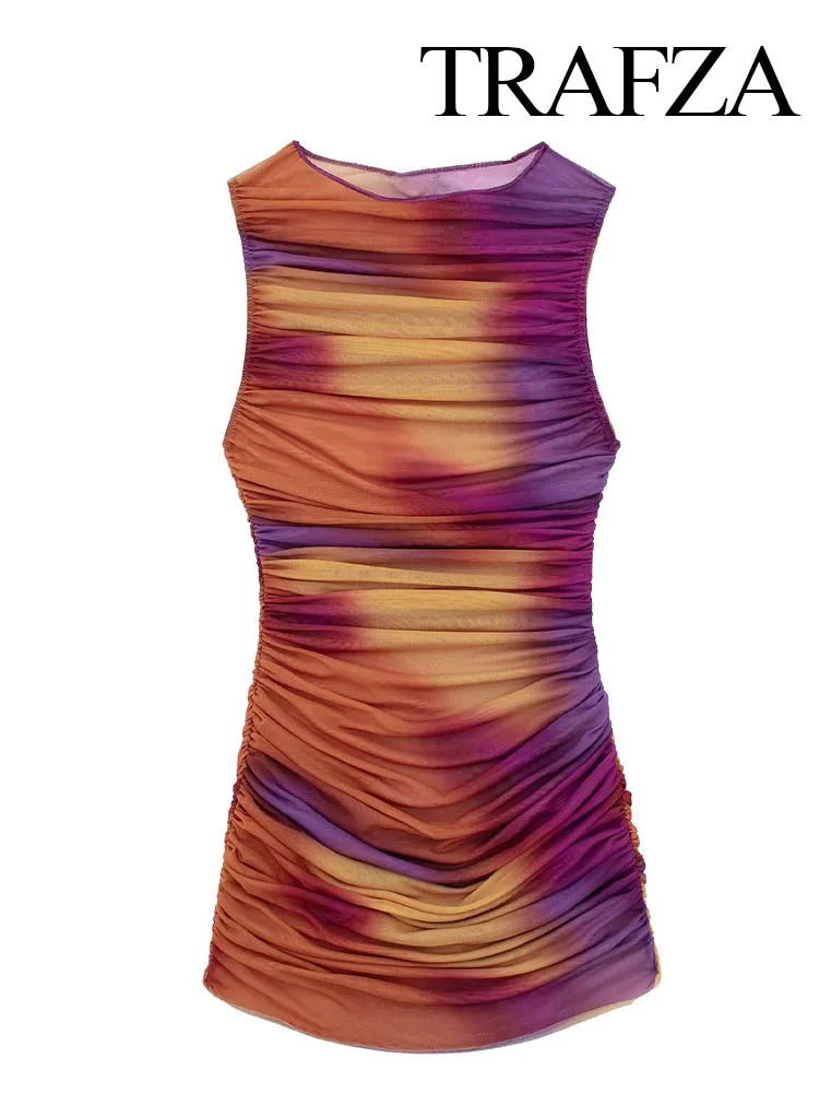 

TRAFZA Dress For Women New Tie Dyed Printed Slim Summer Round Neck Sleeveless Mini Dress Sexy Female Chic Party Dresses Vestiods