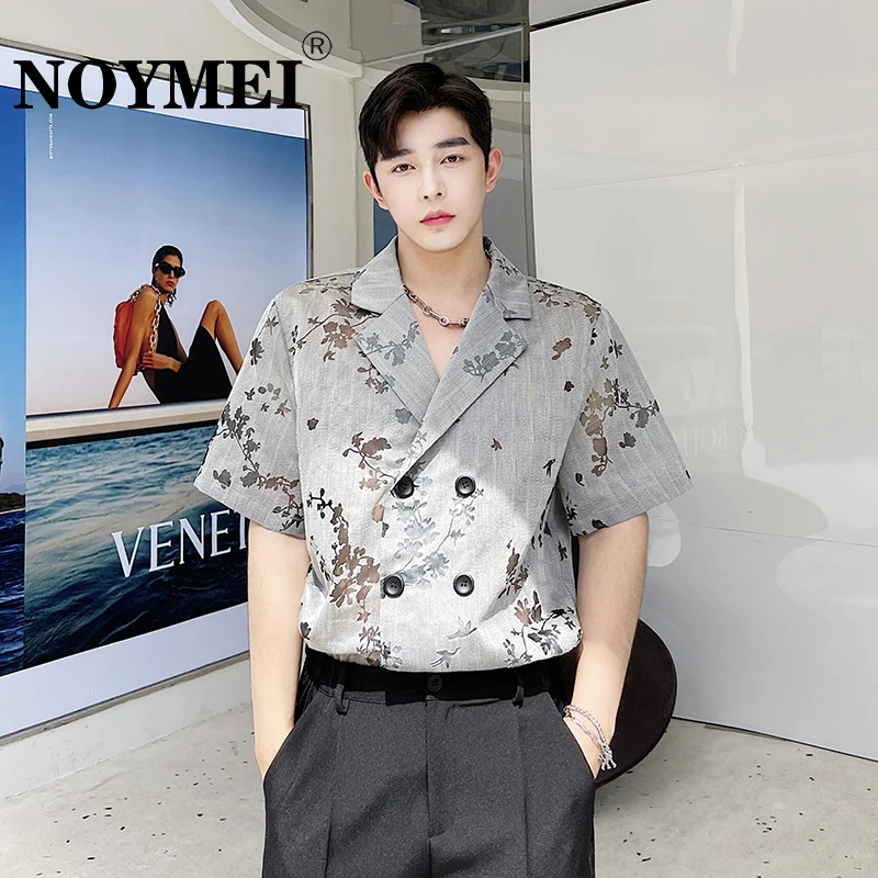 

NOYMEI Jacquard Korean Style Double Breasted Fashion Turn-down Collar 2023 Men's Short Sleeve Shirt Summer Breathable Top WA1231