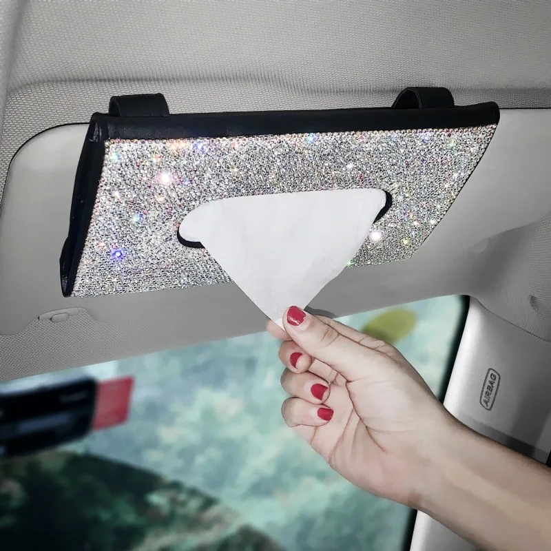 

Car Sun Visor Tissue Box Holder Bling Crystals Cover Case Clip PU Leather Backseat Tissue Case Auto Accessories for Women