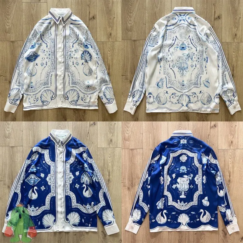 

Рубашка женская/мужская с длинным рукавом, мягкая пляжная Сорочка свободного покроя с принтом лебедей и ракушек в океаническом стиле Касабланки, гавайская пляжная сорочка синего цвета