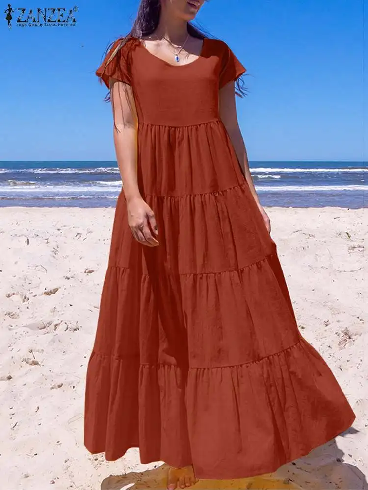 

ZANZEA Scoop Neck Pleated Tiered Sundress Fashion Summer Short Sleeve Vacation Maxi Dress Solid Women A-line Casual Long Robes